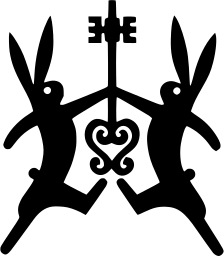 Mark 231: Two black rabbits facing each other around a heart and a key. Animals, designed by Taijiro Nakayama for Manza Kogen Lodge. Trademarks & Symbols Vol. 2, Kuwayama, 1973.