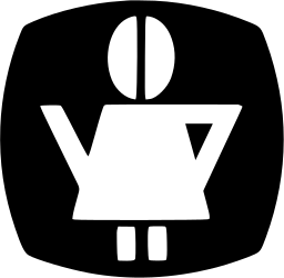 Mark 24: Rounded black square with a white figure, an oval head above a V shaped body and two legs. Human figures, designed by Vittorio Antinori Graphistudio for La Caffetteria. Trademarks & Symbols Vol. 2, Kuwayama, 1973.