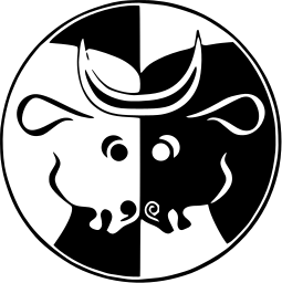 Mark 248: Two bull heads facing each other in opposed black and white halves of a circle. Animals, designed by Karl Heinz Dellbrugge. Trademarks & Symbols Vol. 2, Kuwayama, 1973.