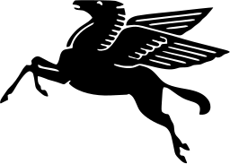 Mark 253: Black winged horse rearing mid leap with feathered wings swept back. Animals, for Mobil Sekiyu. Trademarks & Symbols Vol. 2, Kuwayama, 1973.