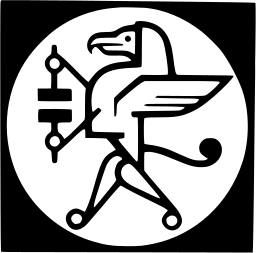 Mark 257: Winged bird figure with small round joints on a white disc over a black square. Animals, designed by Ladislav Sutnar for Golden Griffin. Trademarks & Symbols Vol. 2, Kuwayama, 1973.