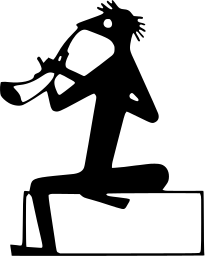 Mark 258: Seated figure in profile playing a long flute, drawn in the style of ancient art. Animals, for Kobunsha. Trademarks & Symbols Vol. 2, Kuwayama, 1973.