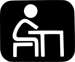 Mark 27: White seated figure at a desk drawn in thin strokes on a black rounded square. Human figures, designed by Marco Del Corno for Organizzazione Scuolo Nord. Trademarks & Symbols Vol. 2, Kuwayama, 1973.