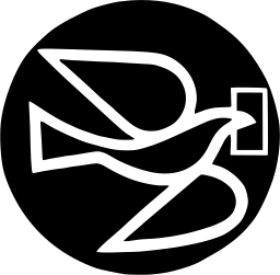 Mark 272: Dove in white outline carrying an envelope inside a black disc. Birds, for Society Correspondence Education Course. Trademarks & Symbols Vol. 2, Kuwayama, 1973.