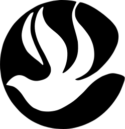 Mark 273: White dove rising from a bowl with flame shaped wing feathers in a black disc. Birds, for Mcinerny. Trademarks & Symbols Vol. 2, Kuwayama, 1973.
