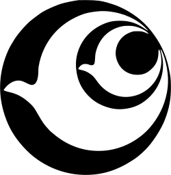 Mark 276: White dove curving around a crescent and round ball in a black disc. Birds, designed by Jim Miho for Kokusai International Travel. Trademarks & Symbols Vol. 2, Kuwayama, 1973.