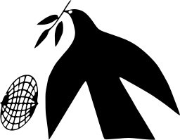 Mark 283: Black dove carrying an olive sprig with a small netted globe beside its wing. Birds, designed by Morton Goldsholl Design Assoc. for Project. Trademarks & Symbols Vol. 2, Kuwayama, 1973.