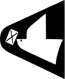 Mark 284: White dove with an envelope in its beak inside a black angular wedge. Birds, designed by Jupp Ernst. Trademarks & Symbols Vol. 2, Kuwayama, 1973.