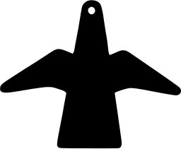 Mark 288: Symmetric flat dove silhouette with wide wings and a hanging loop. Birds, designed by Walter Sauer. Trademarks & Symbols Vol. 2, Kuwayama, 1973.