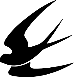 Mark 290: Black swallow diving with long swept wings and forked tail. Birds, for Sinya Kogyo. Trademarks & Symbols Vol. 2, Kuwayama, 1973.
