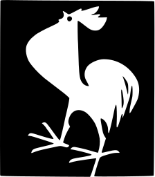 Mark 301: White rooster crowing on a black square with thin legs. Birds, designed by Rose-Marie Joray for Interessengemeinscheft Rienen. Trademarks & Symbols Vol. 2, Kuwayama, 1973.