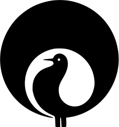 Mark 307: Bird with a tucked head in white, set in a large black disc on two legs. Birds, designed by Aldo Calabresi+ Studio Boggeri for Tesom. Trademarks & Symbols Vol. 2, Kuwayama, 1973.