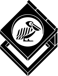 Mark 313: Pelican seated in a round seal set on a stack of tilted diamond frames. Birds, for Henzi AG. Trademarks & Symbols Vol. 2, Kuwayama, 1973.