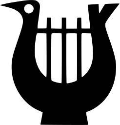 Mark 319: Lyre whose arms end in bird heads, with white vertical strings. Birds, designed by Stephan Kantscheff for National Opera. Trademarks & Symbols Vol. 2, Kuwayama, 1973.