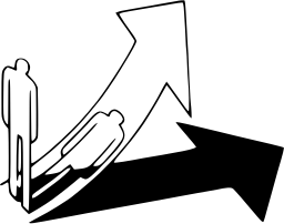Mark 32: Outlined rising arrow and a solid arrow pointing right with small figures beside the climb. Human figures, designed by Shigeo Fukuda for Sankei Shimbun. Trademarks & Symbols Vol. 2, Kuwayama, 1973.
