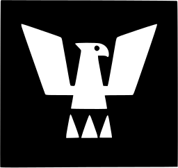 Mark 322: White eagle with spread wings and three tail teeth on a black square. Birds, designed by Ablam Games (Great Britain for Phenix Electrical Products. Trademarks & Symbols Vol. 2, Kuwayama, 1973.