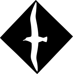 Mark 323: Seabird with long thin wings in white set on a black diamond. Birds, designed by Yusaku Kamekura for Japan Recruit Center. Trademarks & Symbols Vol. 2, Kuwayama, 1973.