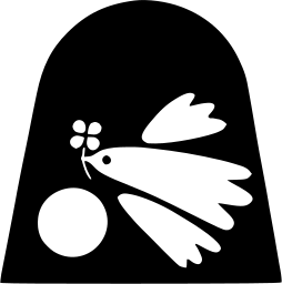 Mark 326: White dove carrying a flower and a ball, set in an arched black panel. Birds, for Takao Tozan Dentetsu. Trademarks & Symbols Vol. 2, Kuwayama, 1973.