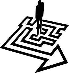 Mark 33: Person standing in a maze whose path unwinds into an arrow. Human figures, designed by Shigeo Fukuda for Sankei Shimbun. Trademarks & Symbols Vol. 2, Kuwayama, 1973.