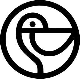 Mark 330: Bird drawn in one looping line inside a double ring. Birds, designed by Neil Fujita for Pelican Films, Inc. Trademarks & Symbols Vol. 2, Kuwayama, 1973.