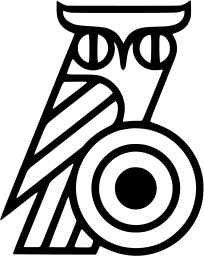 Mark 334: Owl drawn in line with a round bullseye shield and striped wing. Birds, designed by Atelier E.U.M.Lenz. Trademarks & Symbols Vol. 2, Kuwayama, 1973.