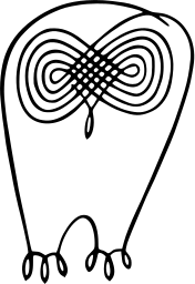 Mark 338: Outlined owl with a woven knot pattern on its chest and curled claws. Birds, designed by W.Hoelter. Trademarks & Symbols Vol. 2, Kuwayama, 1973.