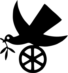 Mark 341: Dove with an olive sprig riding above a spoked wheel. Birds, designed by Max Koerner. Trademarks & Symbols Vol. 2, Kuwayama, 1973.