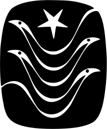 Mark 345: Rows of white birds riding waves under a star on a black panel. Birds, designed by Franz Hermann Wills. Trademarks & Symbols Vol. 2, Kuwayama, 1973.