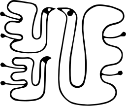 Mark 348: Tangled single line forming three small birds with dotted tail tips. Birds, for Mitsubishi Trust Bank. Trademarks & Symbols Vol. 2, Kuwayama, 1973.