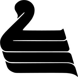 Mark 356: Black swan with a curved neck above stacked horizontal stripe wings. Birds, designed by Robert Pease for Park Bellevue/Lake Merritt. Trademarks & Symbols Vol. 2, Kuwayama, 1973.