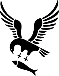 Mark 357: Eagle with raised wings carrying a fish in its claws. Birds, designed by Hans Ernst. Trademarks & Symbols Vol. 2, Kuwayama, 1973.