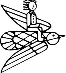 Mark 367: Person in a suit riding a large winged bird, drawn in fine line. Birds, designed by Honneger & Lavator. Trademarks & Symbols Vol. 2, Kuwayama, 1973.