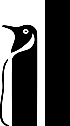 Mark 369: Penguin standing beside two tall black bars. Birds, designed by Hans Schleger & Assoc. & Rosemary Fry for Penguin. Trademarks & Symbols Vol. 2, Kuwayama, 1973.
