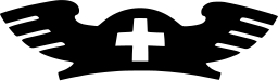 Mark 371: Pair of striped wings spreading from a small white cross. Birds, designed by Hermann Eidenbenz for Swiss Industries Fair. Trademarks & Symbols Vol. 2, Kuwayama, 1973.