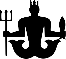 Mark 38: Crowned sea king with a trident and two fish tails as arms and body. Human figures, for Wassermann A.G. Trademarks & Symbols Vol. 2, Kuwayama, 1973.