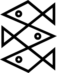 Mark 384: Three angular fish stacked in a zigzag pattern of fine lines. Fish, designed by Wolf D.Zimmermann for S. Fischer Verlag. Trademarks & Symbols Vol. 2, Kuwayama, 1973.