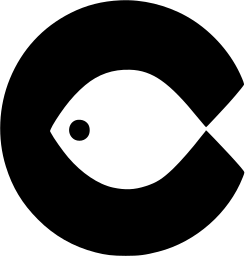 Mark 385: Round black disc with a wedge cut out and a white fish at its centre. Fish, designed by Stephan Kantscheff for Sadala. Trademarks & Symbols Vol. 2, Kuwayama, 1973.