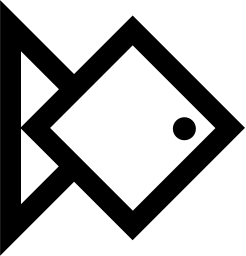 Mark 386: Fish built from a diamond body and triangle tail in thick angular line. Fish, designed by Draeger & René Toutain for Project. Trademarks & Symbols Vol. 2, Kuwayama, 1973.