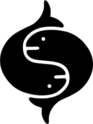 Mark 389: Two fish curled together into a round black form with an S shaped gap. Fish, designed by Adrian Loos Design Studio. Trademarks & Symbols Vol. 2, Kuwayama, 1973.