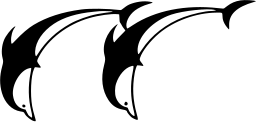 Mark 392: Two dolphins arcing through the air in a row. Fish, designed by Yusaku Kamekura for Aburatsub Yacht Club. Trademarks & Symbols Vol. 2, Kuwayama, 1973.