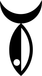 Mark 397: Tall fish shape topped by a black crescent, with one eye dot. Fish, designed by George Giusti for Doubleday & Co. Trademarks & Symbols Vol. 2, Kuwayama, 1973.
