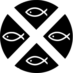 Mark 403: Four small white fish in the quarters of a black disc divided by a cross. Fish, designed by Hans Schleger for Mac Fisheries. Trademarks & Symbols Vol. 2, Kuwayama, 1973.