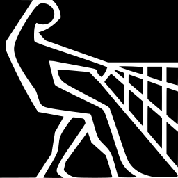 Mark 41: Angular figure leaning back and pulling lines that fan into a net, white on a black square. Human figures, for S. Fischer Verlag. Trademarks & Symbols Vol. 2, Kuwayama, 1973.