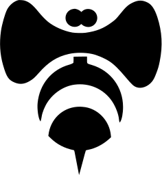 Mark 413: Bee in black with a bow tie of wings and a crescent striped body. Insects, for Meiji Nyugyo. Trademarks & Symbols Vol. 2, Kuwayama, 1973.