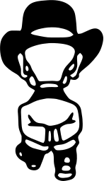 Mark 42: Cartoon figure seen from behind in a wide brimmed hat with hands clasped at his back. Human figures, designed by The Bowes Company for Deutsch. Trademarks & Symbols Vol. 2, Kuwayama, 1973.
