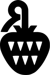 Mark 458: Strawberry in black with white triangular seeds and a curled stem. Flowers, designed by Stephan Kantscheff for Yagoda-Yambol. Trademarks & Symbols Vol. 2, Kuwayama, 1973.