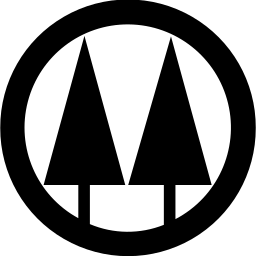 Mark 479: Two tall triangle trees with short trunks inside a ring. Trees, for American Living Cooperation Association. Trademarks & Symbols Vol. 2, Kuwayama, 1973.