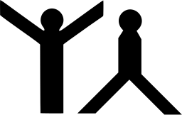 Mark 48: Two figures, one with arms raised in a V and one standing on a spread, pointed base. Human figures, designed by Shigeo Fukuda. Trademarks & Symbols Vol. 2, Kuwayama, 1973.