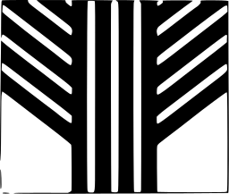 Mark 489: Three trees of stripes and herringbone branches inside a rectangle. Trees, designed by Franco Maria Ricci for Totem Lack Farben. Trademarks & Symbols Vol. 2, Kuwayama, 1973.