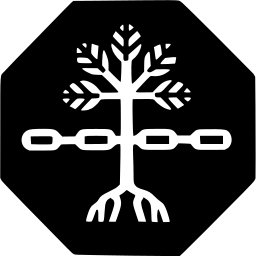 Mark 498: Tree with spreading roots crossed by a chain on a black octagon. Trees, designed by Hansruedi Erdmann. Trademarks & Symbols Vol. 2, Kuwayama, 1973.